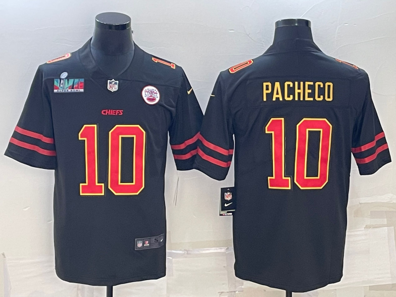 Men’s Kansas City Chiefs #10 Isiah Pacheco Black Red Gold Super Bowl LVII Patch Vapor Untouchable Limited Stitched Jersey